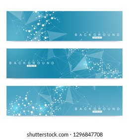 Scientific set of modern vector banners. DNA molecule structure with connected lines and dots. Scientific and technology concept. Wave flow graphic background for your design. Vector illustration