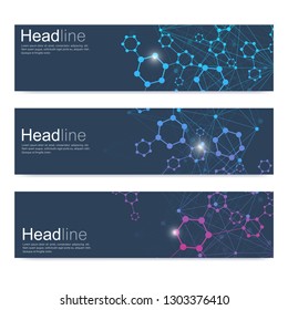 Scientific set of modern vector banners. DNA molecule structure with connected lines and dots. Scientific and technology concept. Wave flow graphic background for your design. Vector illustration