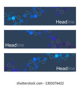Scientific set of modern vector banners. DNA molecule structure with connected lines and dots. Scientific and technology concept. Wave flow graphic background for your design. Vector illustration