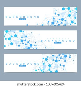 Scientific set of modern vector banners. DNA molecule structure with connected lines and dots. Scientific and technology concept. Wave flow graphic background for your design. Vector illustration