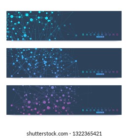 Scientific set of modern vector banners. DNA molecule structure with connected lines and dots. Scientific and technology concept. Wave flow graphic background for your design. Vector illustration
