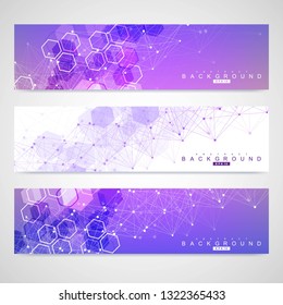 Scientific set of modern vector banners. DNA molecule structure with connected lines and dots. Scientific and technology concept. Wave flow graphic background for your design. Vector illustration