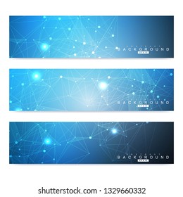 Scientific set of modern vector banners. DNA molecule structure with connected lines and dots. Scientific and technology concept. Wave flow graphic background for your design. Vector illustration