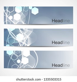 Scientific set of modern vector banners. DNA molecule structure with connected lines and dots. Scientific and technology concept. Wave flow graphic background for your design. Vector illustration