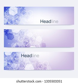 Scientific set of modern vector banners. DNA molecule structure with connected lines and dots. Scientific and technology concept. Wave flow graphic background for your design. Vector illustration