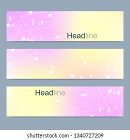 Scientific set of modern vector banners. DNA molecule structure with connected lines and dots. Scientific and technology concept. Wave flow graphic background for your design. Vector illustration