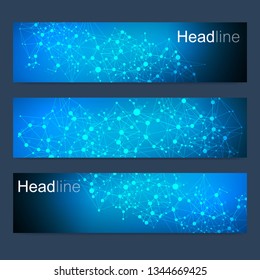 Scientific set of modern vector banners. DNA molecule structure with connected lines and dots. Scientific and technology concept. Wave flow graphic background for your design. Vector illustration