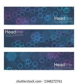 Scientific set of modern vector banners. DNA molecule structure with connected lines and dots. Scientific and technology concept. Wave flow graphic background for your design. Vector illustration