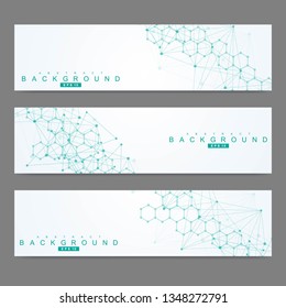 Scientific set of modern vector banners. DNA molecule structure with connected lines and dots. Scientific and technology concept. Wave flow graphic background for your design. Vector illustration