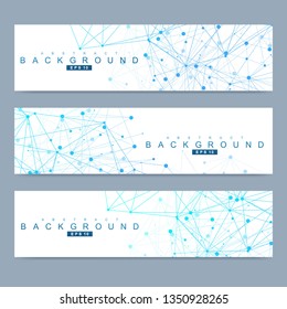 Scientific set of modern vector banners. DNA molecule structure with connected lines and dots. Scientific and technology concept. Wave flow graphic background for your design. Vector illustration