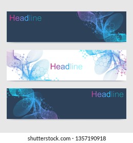 Scientific set of modern vector banners. DNA molecule structure with connected lines and dots. Scientific and technology concept. Wave flow graphic background for your design. Vector illustration
