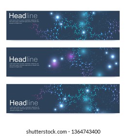 Wissenschaftlicher Satz moderner Vektorbanner. Struktur des DNA-Moleküls mit verbundenen Linien und Punkten. Wissenschaftliches und technologisches Konzept. Wellenstrom-Grafik-Hintergrund für Ihr Design. Vektorgrafik