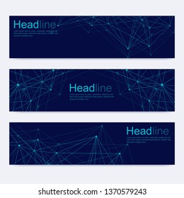 Scientific set of modern vector banners. DNA molecule structure with connected lines and dots. Scientific and technology concept. Wave flow graphic background for your design. Vector illustration