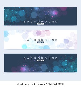 Scientific set of modern vector banners. DNA molecule structure with connected lines and dots. Scientific and technology concept. Wave flow graphic background for your design. Vector illustration