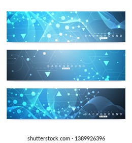 Scientific set of modern vector banners. DNA molecule structure with connected lines and dots. Scientific and technology concept. Wave flow graphic background for your design. Vector illustration