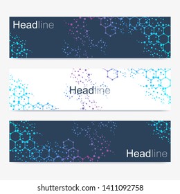Wissenschaftlicher Satz moderner Vektorillustration-Banner. Struktur des DNA-Moleküls mit verbundenen Linien und Punkten. Wissenschaftliches und technologisches Konzept. Wellenstrom-Grafik-Hintergrund für Ihr Design. Vektorillustration.