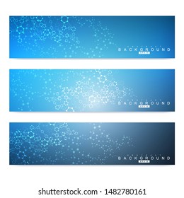 Scientific set of modern vector banners. DNA molecule structure with connected lines and dots. Scientific and technology concept. Wave flow graphic background for your design. Vector illustration.