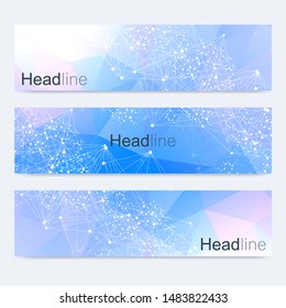 Scientific set of modern vector banners. DNA molecule structure with connected lines and dots. Scientific and technology concept. Wave flow graphic background for your design. Vector illustration.