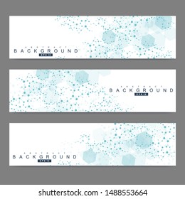 Scientific set of modern vector banners. DNA molecule structure with connected lines and dots. Scientific and technology concept. Wave flow graphic background for your design. Vector illustration.