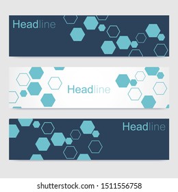 Scientific set of modern vector banners. DNA molecule structure with connected lines and dots. Scientific and technology concept.  Vector illustration.