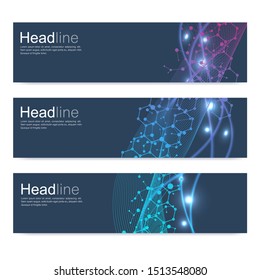 Scientific set of modern vector banners. DNA molecule structure with connected lines and dots. Scientific and technology concept. Wave flow graphic background for your design. Vector illustration.