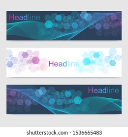 Scientific set of modern vector banners. DNA molecule structure with connected lines and dots. Scientific and technology concept. Wave flow graphic background for your design. Vector illustration.