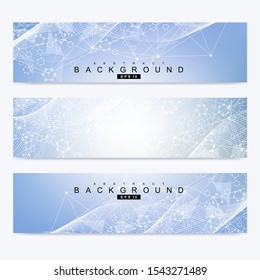 Scientific set of modern vector banners. DNA molecule structure with connected lines and dots. Scientific and technology concept. Wave flow graphic background for your design. Vector illustration.