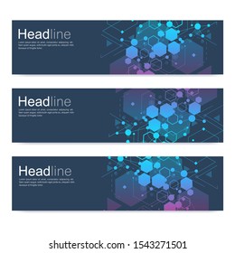 Scientific set of modern vector banners. DNA molecule structure with connected lines and dots. Scientific and technology concept. Wave flow graphic background for your design. Vector illustration.