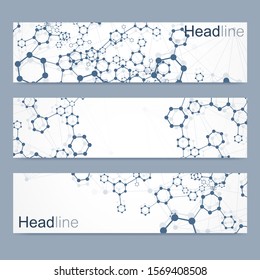 Scientific set of modern vector banners. DNA molecule structure with connected lines and dots. Scientific and technology concept. Wave flow graphic background for your design. Vector illustration.