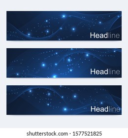 Scientific set of modern vector banners. DNA molecule structure with connected lines and dots. Scientific and technology concept. Wave flow graphic background for your design. Vector illustration.
