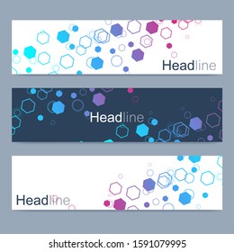 Scientific set of modern vector banners. DNA molecule structure with connected lines and dots. Scientific and technology concept. Wave flow graphic background for your design. Vector illustration.