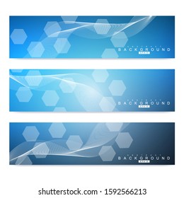Scientific set of modern vector banners. DNA molecule structure with connected lines and dots. Scientific and technology concept. Wave flow graphic background for your design. Vector illustration.