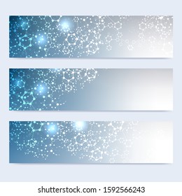 Scientific set of modern vector banners. DNA molecule structure with connected lines and dots. Scientific and technology concept. Wave flow graphic background for your design. Vector illustration.