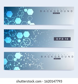 Scientific set of modern vector banners. DNA molecule structure with connected lines and dots. Scientific and technology concept. Wave flow graphic background for your design. Vector illustration.