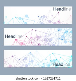 Scientific set of modern vector banners. DNA molecule structure with connected lines and dots. Scientific and technology concept. Wave flow graphic background for your design. Vector illustration.