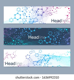 Scientific set of modern vector banners. DNA molecule structure with connected lines and dots. Scientific and technology concept. Wave flow graphic background for your design. Vector illustration.