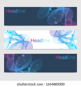 Conjunto científico de banderas vectoriales modernas. Estructura de moléculas de ADN con líneas y puntos conectados. Concepto científico y tecnológico. Fondo gráfico de flujo de onda para su diseño. Ilustración vectorial.