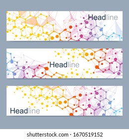 Scientific set of modern vector banners. DNA molecule structure with connected lines and dots. Scientific and technology concept. Wave flow graphic background for your design. Vector illustration.
