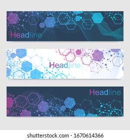 Scientific set of modern vector banners. DNA molecule structure with connected lines and dots. Scientific and technology concept. Wave flow graphic background for your design. Vector illustration.