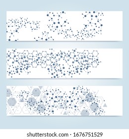 Conjunto científico de banderas vectoriales modernas. Estructura de moléculas de ADN con líneas y puntos conectados. Concepto científico y tecnológico. Fondo gráfico de flujo de onda para su diseño. Ilustración vectorial.