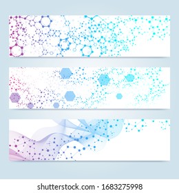 Wissenschaftlicher Satz moderner Vektorillustration-Banner. Struktur des DNA-Moleküls mit verbundenen Linien und Punkten. Wissenschaftliches und technologisches Konzept. Wellenstrom-Grafik-Hintergrund für Ihr Design. Vektorillustration.