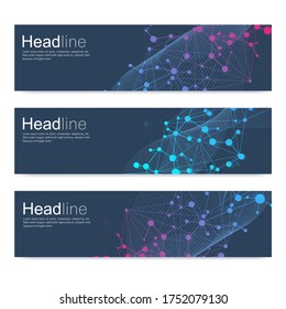 Conjunto científico de pancartas vectoriales modernas. Estructura de moléculas de ADN con líneas y puntos conectados. Concepto científico y tecnológico. Fondo gráfico de flujo de onda para su diseño. Ilustración vectorial.