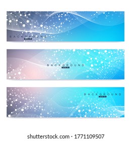 Wissenschaftlicher Satz moderner Vektorbanner. Struktur des DNA-Moleküls mit verbundenen Linien und Punkten. Wissenschaftliches und technologisches Konzept. Wellenstrom-Grafik-Hintergrund für Ihr Design. Vektorgrafik.