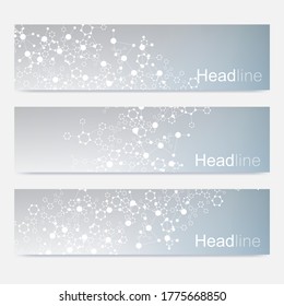 Scientific set of modern vector banners. DNA molecule structure with connected lines and dots. Scientific and technology concept. Wave flow graphic background for your design. Vector illustration.