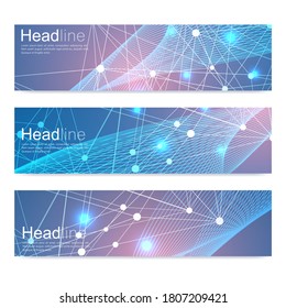 Conjunto científico de pancartas vectoriales modernas. Estructura de moléculas de ADN con líneas y puntos conectados. Concepto científico y tecnológico. Fondo gráfico de flujo de onda para su diseño. Ilustración vectorial.