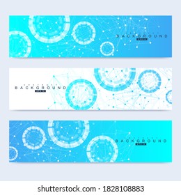 Conjunto científico de pancartas vectoriales modernas. Estructura de moléculas de ADN con líneas y puntos conectados. Concepto científico y tecnológico. Fondo gráfico de flujo de onda para su diseño. Ilustración vectorial.