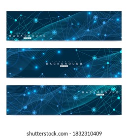 Scientific set of modern vector banners. DNA molecule structure with connected lines and dots. Scientific and technology concept. Wave flow graphic background for your design. Vector illustration.