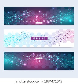 Scientific set of modern vector banners. DNA molecule structure with connected lines and dots. Scientific and technology concept. Wave flow graphic background for your design. Vector illustration.