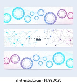 Conjunto científico de pancartas vectoriales modernas. Estructura de moléculas de ADN con líneas y puntos conectados. Concepto científico y tecnológico. Fondo gráfico de flujo de onda para su diseño. Ilustración vectorial.