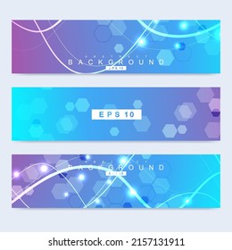 Wissenschaftlicher Satz moderner Vektorbanner. Struktur des DNA-Moleküls mit verbundenen Linien und Punkten. Wissenschaftliches und technologisches Konzept. Wellenstrom-Grafik-Hintergrund für Ihr Design. Vektorgrafik.